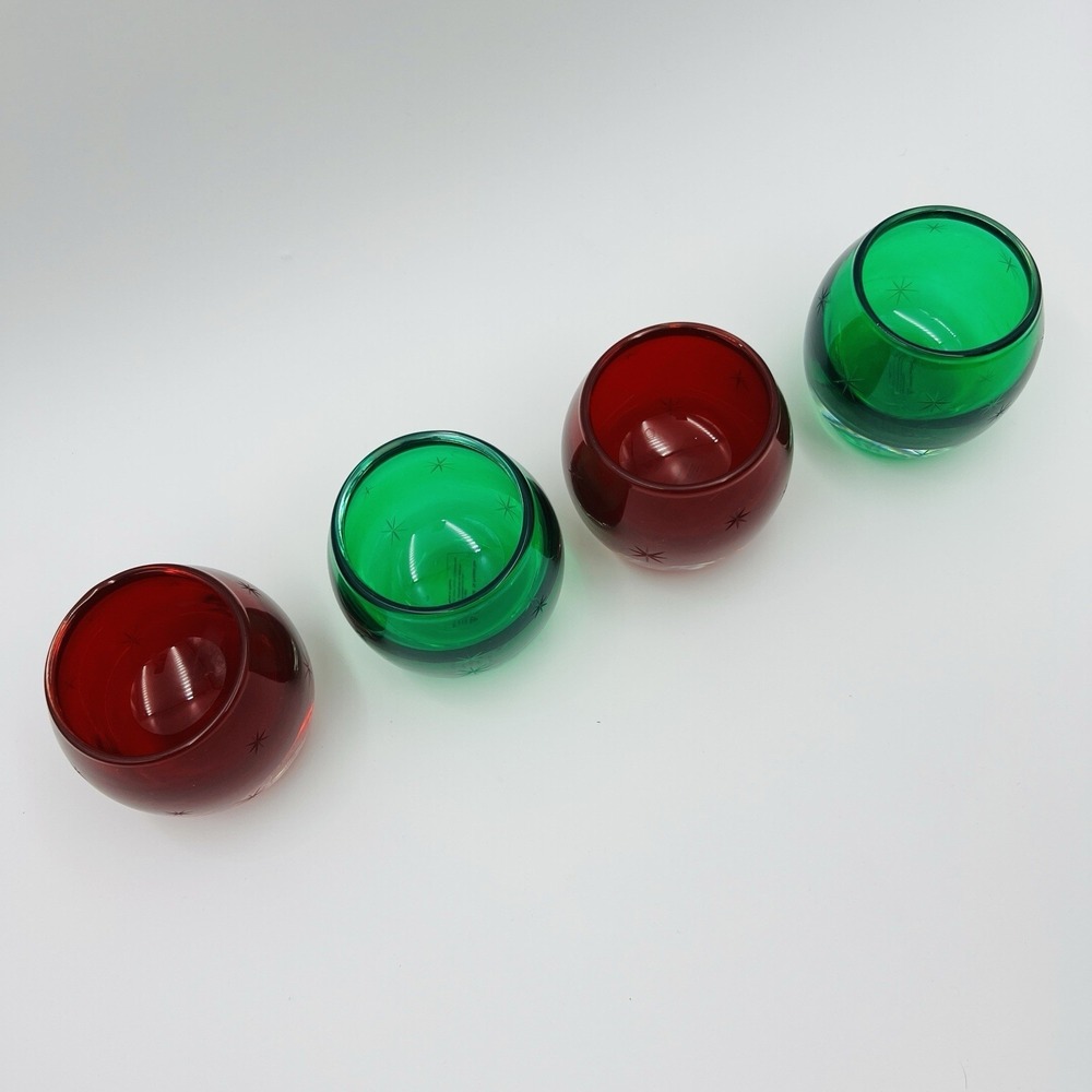 Votive Holder Set Etched Starburst Red‎ Green Glass Hand Blown Poland Christmas - Picture 2 of 10